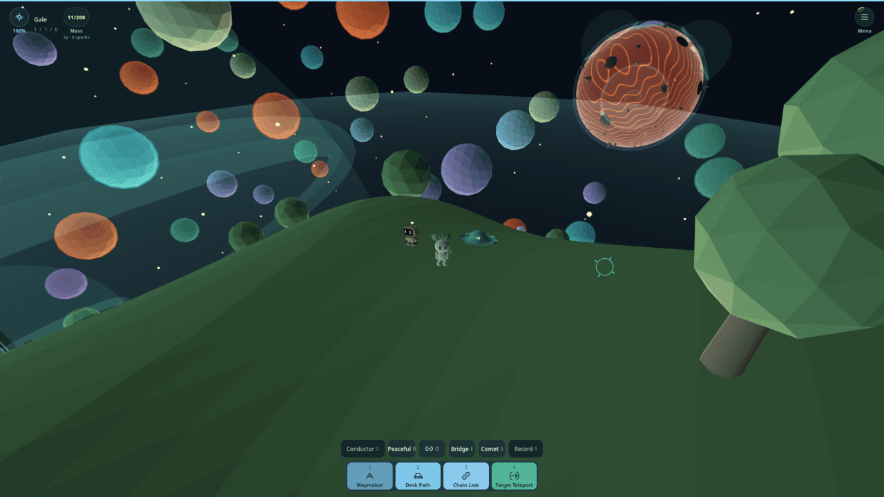 Characters exploring a tiny green planet.